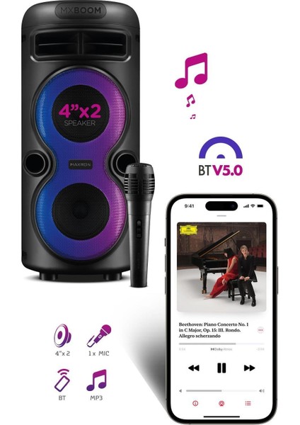 Mxboom Karaoke Mikrofonlu Bluetooth Hoparlör Parti LED Işıklı Ses Sistemi