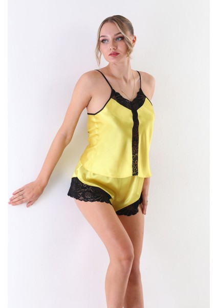 Kadın Sarı Saten Dantel Detaylı Askılı Şık Pijama Takımı fırsatları