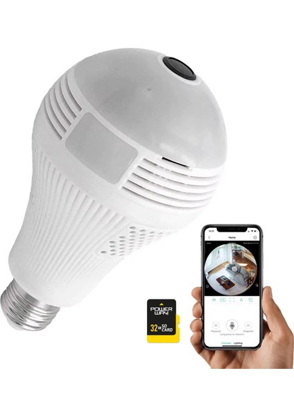 Gerçek 1080P Fhd Ampul Kamera Balık Gözü Lens 360° Panoramik Ev Güvenlik Kamerası + 32GB Hafıza Kart