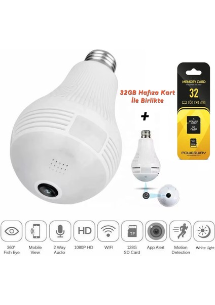 Gerçek 1080P Fhd Ampul Kamera Balık Gözü Lens 360° Panoramik Ev Güvenlik Kamerası + 32GB Hafıza Kart modelleri