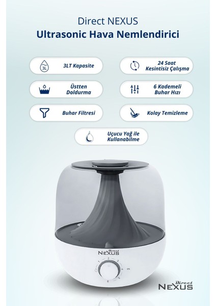 Tr Ultrasonik Buhar Makinesi Humudifier / Aromaterapi Cihazı Diffüzör 3 Litre fiyatları
