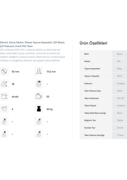 346- Tabla Bağlantılı Frenli 50 mm Mobilya Tekerlek 4 Ad. fiyatları