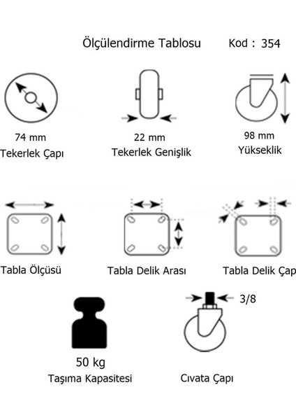 354- Döner 3/8 Vidalı Frenli Mobilya Tekeri Çap : 74 mm 4 Ad.