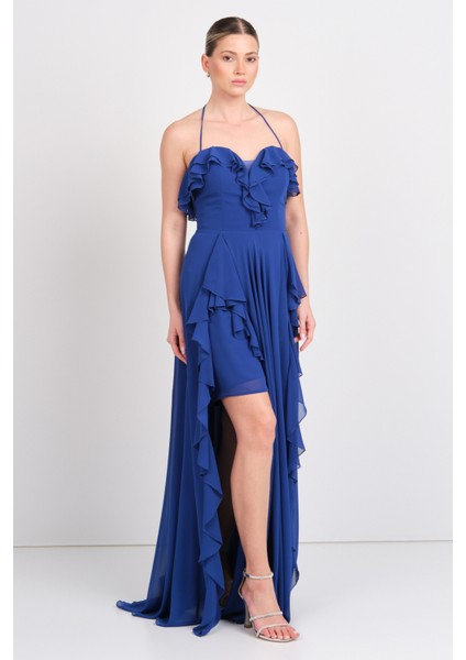 Kadın Boyundan Bağlamalı Kalp Yaka Fırfır Detaylı Uzun Abiye Elbise 5612 Saks