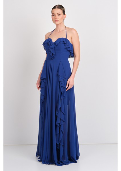 Kadın Boyundan Bağlamalı Kalp Yaka Fırfır Detaylı Uzun Abiye Elbise 5612 Saks fiyatları