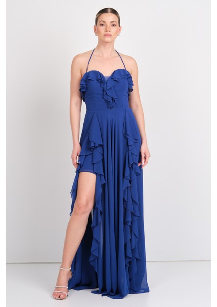 Kadın Boyundan Bağlamalı Kalp Yaka Fırfır Detaylı Uzun Abiye Elbise 5612 Saks modelleri