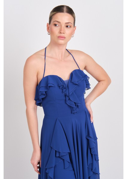 Kadın Boyundan Bağlamalı Kalp Yaka Fırfır Detaylı Uzun Abiye Elbise 5612 Saks fırsatları