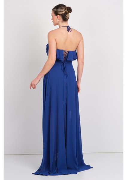 Kadın Boyundan Bağlamalı Kalp Yaka Fırfır Detaylı Uzun Abiye Elbise 5612 Saks indirimleri