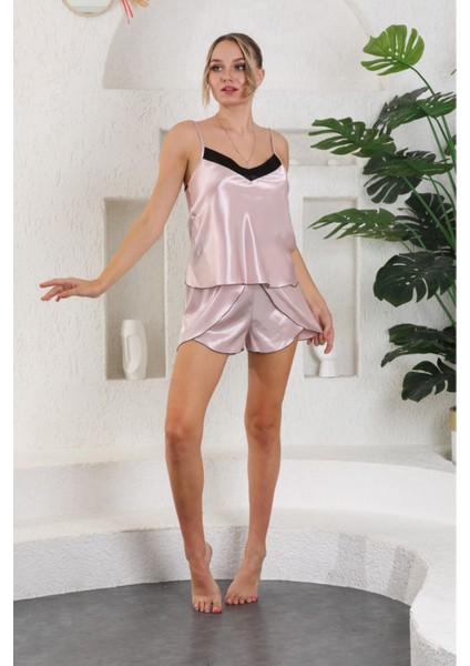 Kadın Pudra Saten Dokuma Ip Askılı Zarif Pijama Takımı