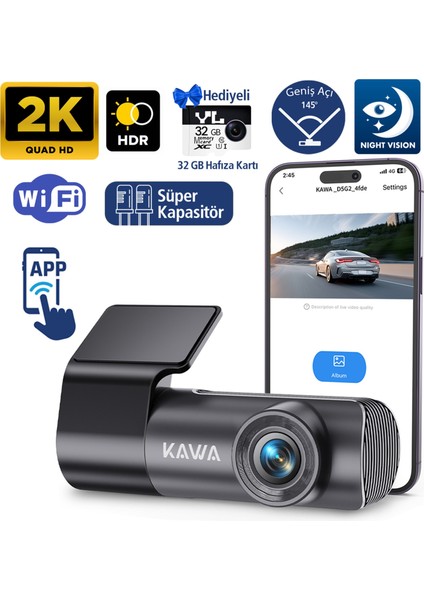 D5 Gen2 2k 1296P Wifi 145° Geniş Açı Lens Gece Görüşlü 32GB Hafıza Kartlı Akıllı Araç Kamerası