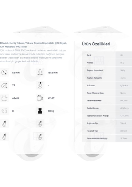 336- Tabla Bağlantılı Gri Pvc Kaplama 50MM Mobilya Teker 4 Ad. fiyatları