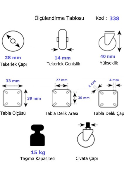 338- Döner Tablalı Mobilya Tekeri Çap: 28 mm 4 Ad. fiyatları