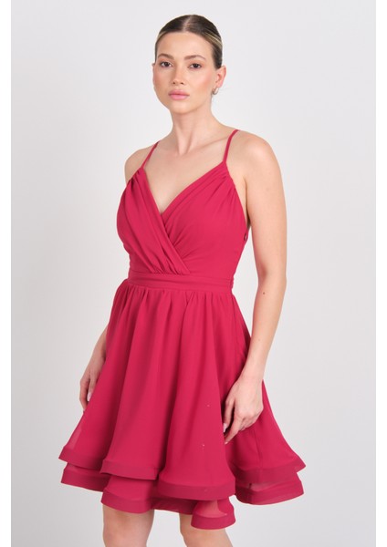 Kadın Kruvaze Yaka Kısa Abiye Elbise 0990237 Vişne fiyatları