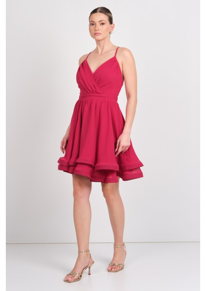 Kadın Kruvaze Yaka Kısa Abiye Elbise 0990237 Vişne modelleri