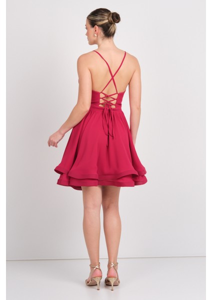Kadın Kruvaze Yaka Kısa Abiye Elbise 0990237 Vişne fırsatları
