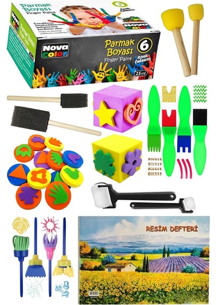 Parmak Boyası 6 Renk Nova Color Resim Defteri 25X35 Sünger Eva Baskı Damga Spatula Rulo Kesik Sünger Eva Okul Öncesi
