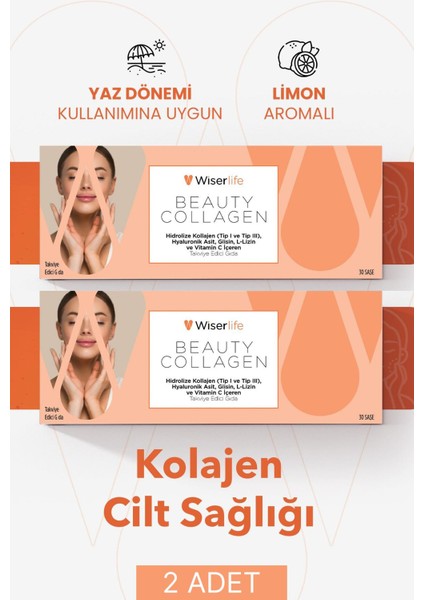 Wiserlife Beauty Collagen Hidrolize Kolajen Tip I-Iıı Hyaluronik Asit Glisin L-Lizin ve Vitamin C Içeren Takviye Edici Gıda 30 Saşe 2 Adet