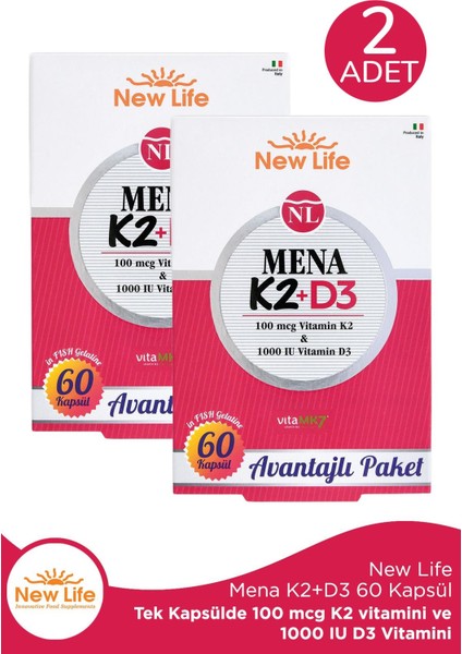 New Life Mena K2+D3 60 Kapsül 2 Adet