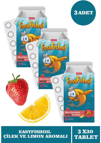 Easyfishoil Çocuk Çilek ve Limon Aromalı 30 Çiğneme Tableti 3 Adet