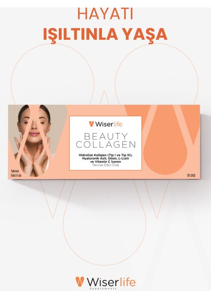 Wiserlife Beauty Collagen Hidrolize Kolajen Tip I-Iıı Hyaluronik Asit Glisin L-Lizin ve Vitamin C Içeren Takviye Edici Gıda 30 Saşe 2 Adet