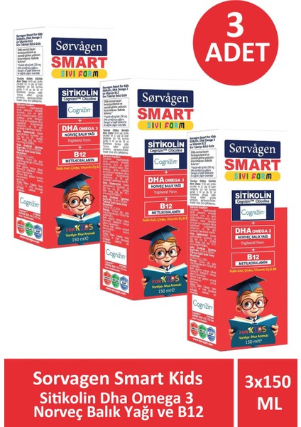 Sorvagen Smart Kids Sıvı Form Sitikolin Dha Omega 3 Norveç Balık Yağı ve B12 150 ml 3 Adet