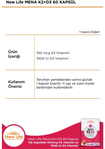 New Life Mena K2+D3 60 Kapsül 2 Adet fiyatları
