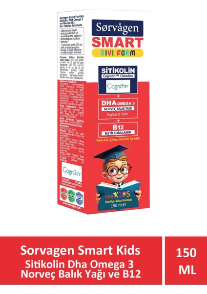Sorvagen Smart Kids Sıvı Form Sitikolin Dha Omega 3 Norveç Balık Yağı ve B12 150 ml