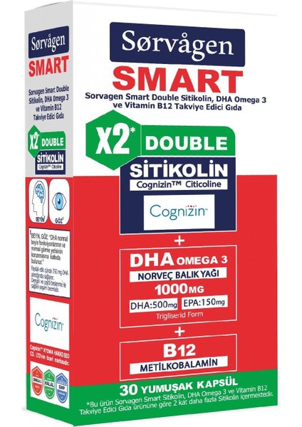 Sorvagen Smart Double Sitikolin Dha Omega 3 ve B12 30 Kapsül