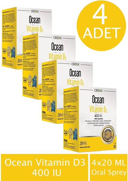 Ocean Vitamin D3 400 Iu Oral Sprey 20 ml 4 Adet