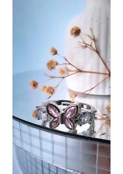 Kelebek Figürlü Pembe Beyaz Zirkon Taş Çelik Yüzük