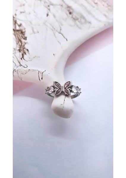 Kelebek Figürlü Pembe Beyaz Zirkon Taş Çelik Yüzük indirimleri