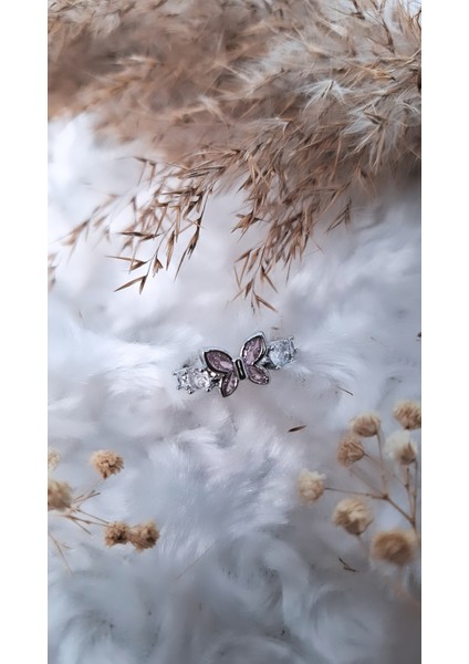 Kelebek Figürlü Pembe Beyaz Zirkon Taş Çelik Yüzük modelleri