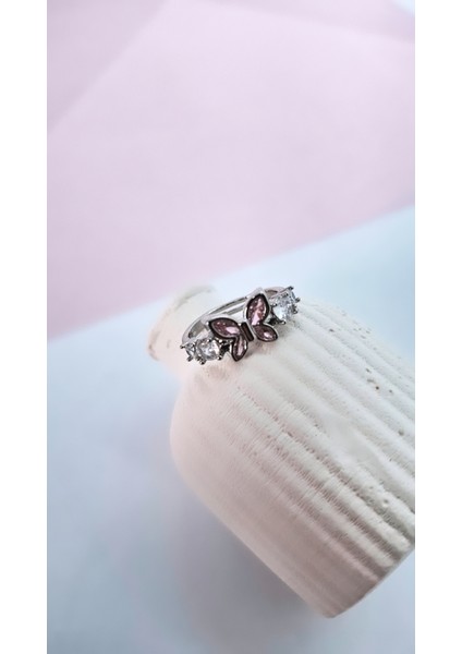 Kelebek Figürlü Pembe Beyaz Zirkon Taş Çelik Yüzük fırsatları