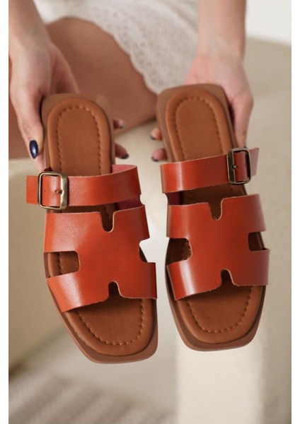 Garcia Premium Tokalı Kiremit Hakiki Deri Terlik