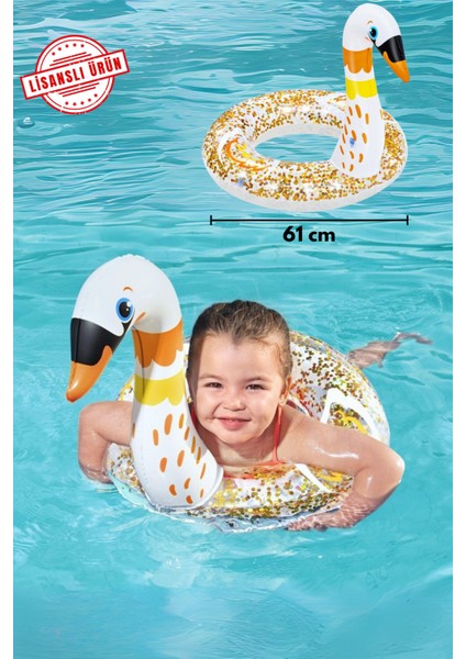 3-6 Yaş Kuğu Figürlü Simit Simli Şişme Deniz Havuz Çocuk Yüzme Simidi 61 cm Yeni Sezon