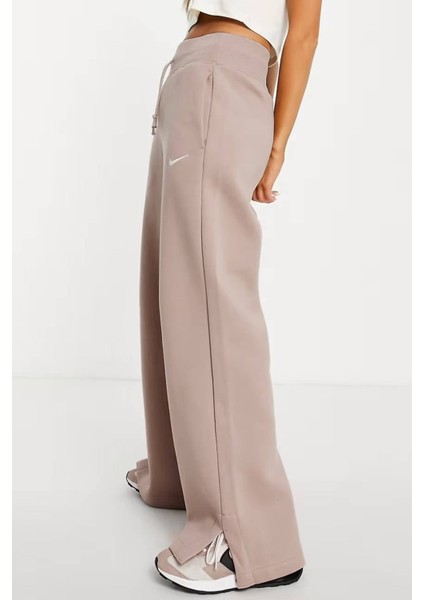 Phoenix Fleece Wide High Rise Sweatpants Kadın Yüksek Bel Yırtmaçlı Geniş Paça Eşofman Altı Bej modelleri