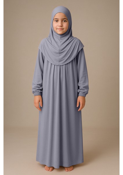 Kız Çocuk Tesettür Elbisesi Tek Parça Namaz Kıyafeti Tak Çıkar Başörtülü Pamuklu Lastikli Kolu