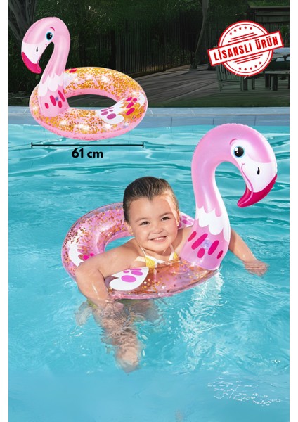 3-6 Yaş Flamingo Figürlü Simit Simli Şişme Deniz Havuz Çocuk Yüzme Simidi 61 cm Yeni Sezon
