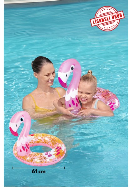 3-6 Yaş Flamingo Figürlü Simit Simli Şişme Deniz Havuz Çocuk Yüzme Simidi 61 cm Yeni Sezon