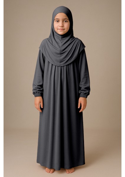 Kız Çocuk Tesettür Elbisesi Tek Parça Namaz Kıyafeti Tak Çıkar Başörtülü Pamuklu Lastikli Kolu