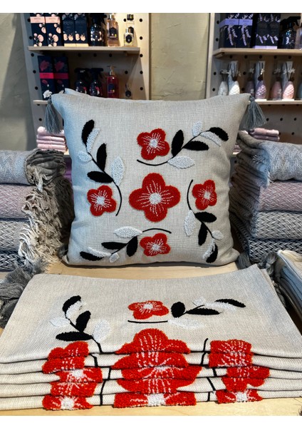 2’li %80 Keten Kumaş Makine Nakışlı Dekoratif Yastık Kılıfı 43X43 cm – Punch, Fermuarlı, Şık ve Dayanıklı