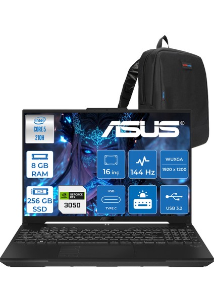 Tuf Gaming F16 FX607VJ Intel Core 5-210H 8gb 256GB SSD RTX3050 6gb 16 Inç Wuxga 144Hz IPS Freedos Gaming Notebook RL033F01 + Zetta Çanta