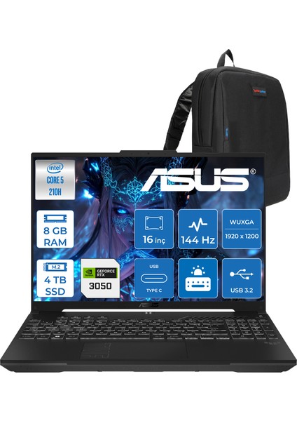 Tuf Gaming F16 FX607VJ Intel Core 5-210H 8gb 4tb SSD RTX3050 6gb 16 Inç Wuxga 144Hz IPS Freedos Gaming Notebook RL033F05 + Zetta Çanta