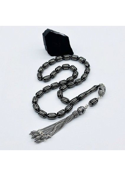 Gümüş Zincir Model Işlemeli Erzurum Oltu Taşı Tesbih