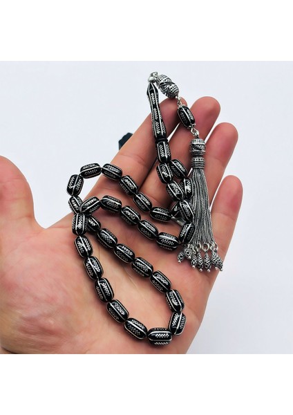 Gümüş Zincir Model Işlemeli Erzurum Oltu Taşı Tesbih modelleri