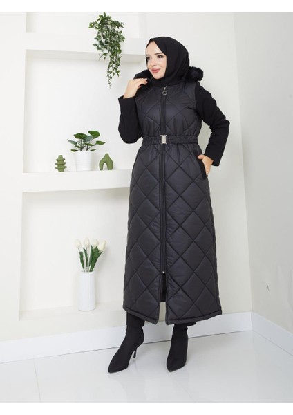 Sudenaz Kadın Kaşe Detaylı Büyük Beden Tam Boy Kapitone Mont