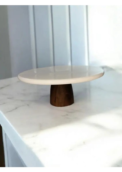 Ahşap Ayaklı Tek Katlı Mermer Dekor/ Sunum/ Kek STANDI(25CM)