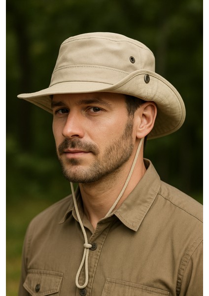 Erkek Bej Renk Safari Şapka Yazlık Geniş Kenarlı Katlanabilir Bağlamalı Avcı Balıkçı Fötr Şapka