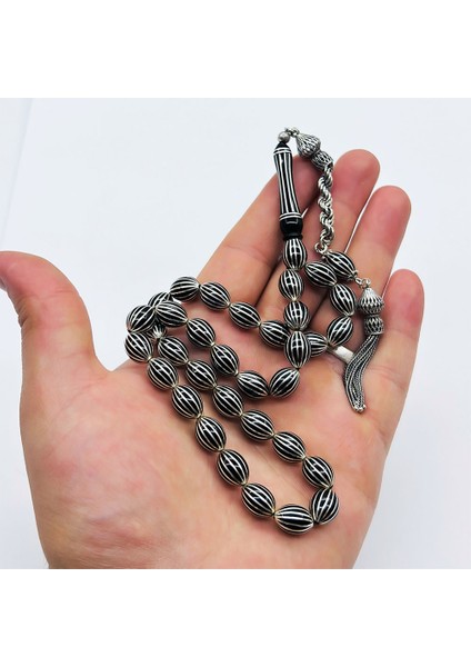 16 Lı Gümüş Karpuz Dilimi İşlemeli Erzurum Oltu Taşı Tesbih modelleri