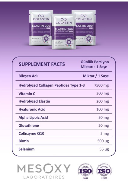 7500 mg Kolajen 200 mg Elastin 30 Adet Toz Saşe | Kolay ve Yumuşak İçim
